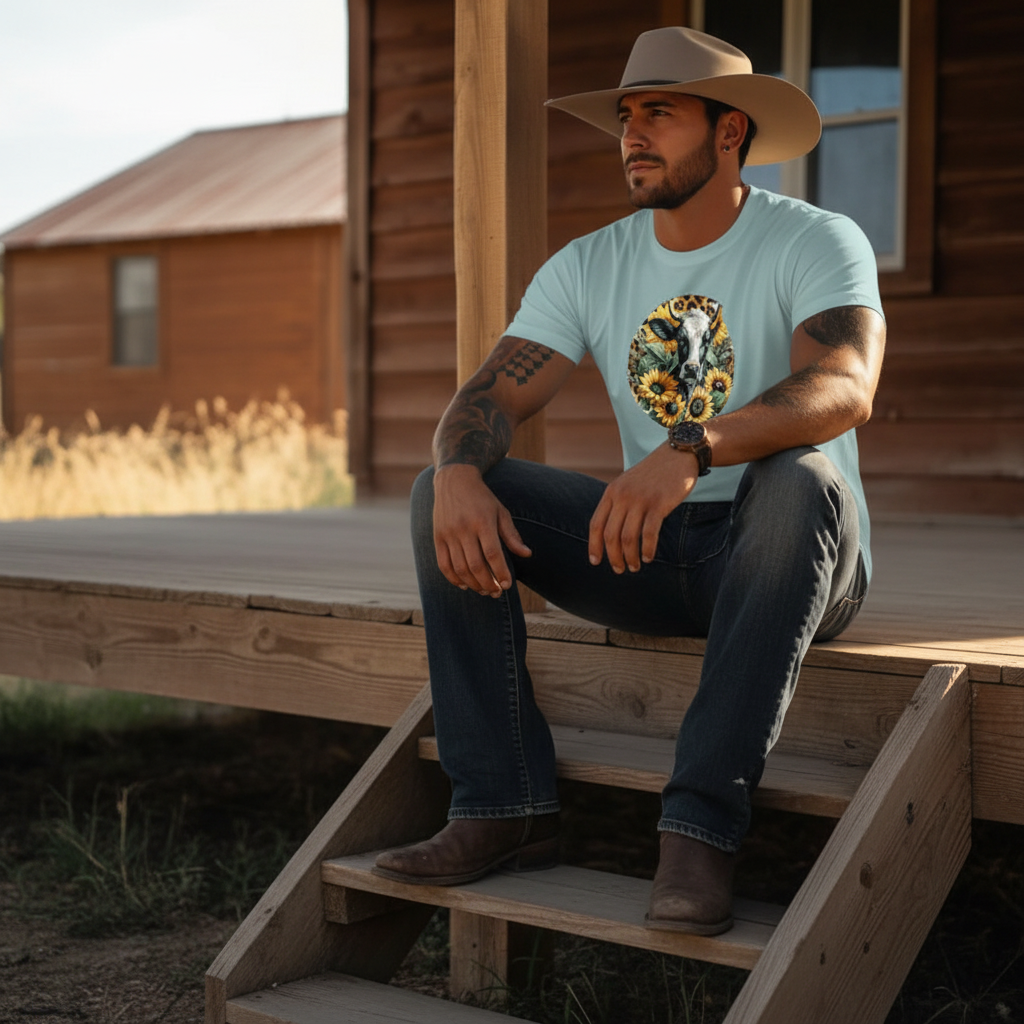 DAdult airy Cow Sunflower Circle Graphic Tee