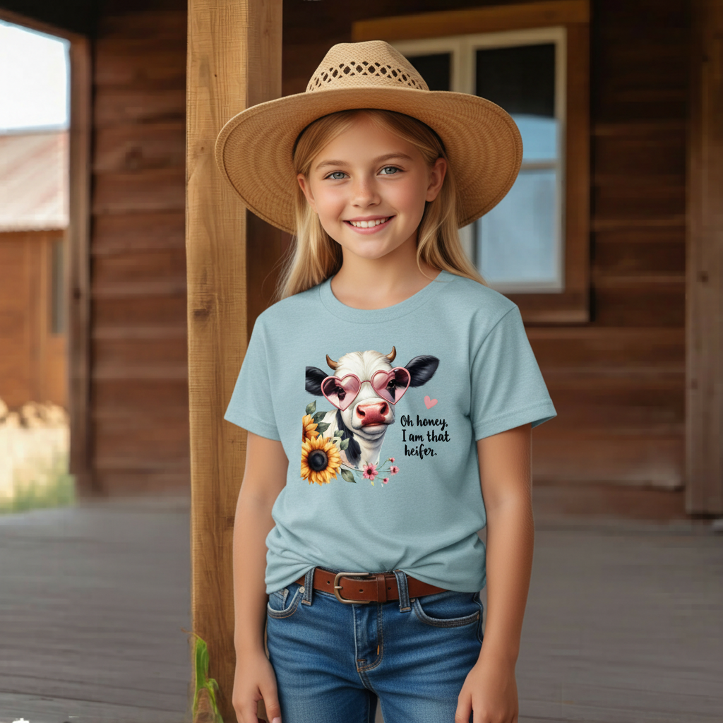 Oh Honey I Am That Heifer Youth Graphic Tee – Cute Cow Sunglasses Shirt