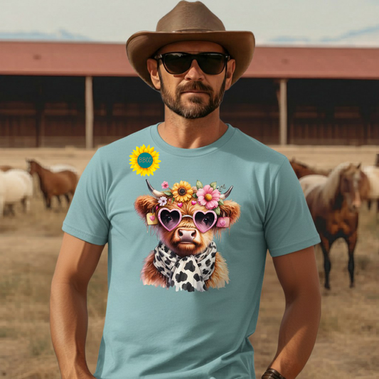 Adult Highland Cow Floral Sunglasses Graphic Tee