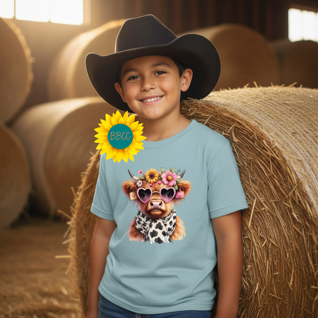 Highland Cow Floral Sunglasses Youth Graphic Tee