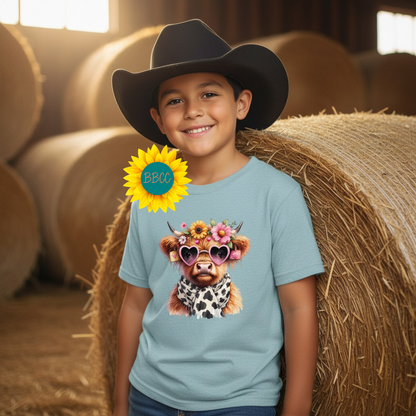 Highland Cow Floral Sunglasses Youth Graphic Tee