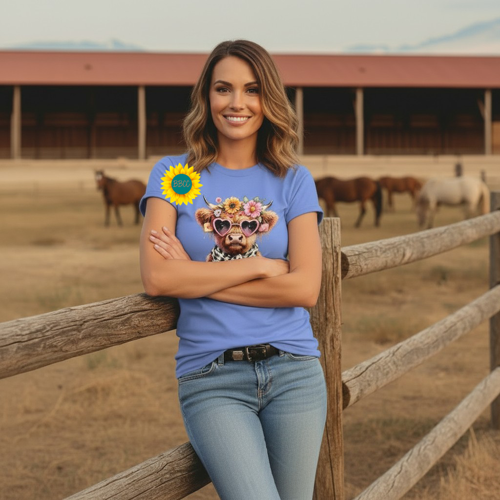 Adult Highland Cow Floral Sunglasses Graphic Tee