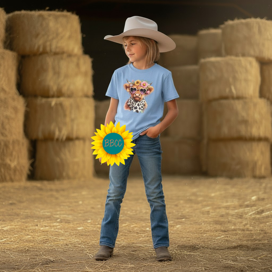 Highland Cow Floral Sunglasses Youth Graphic Tee