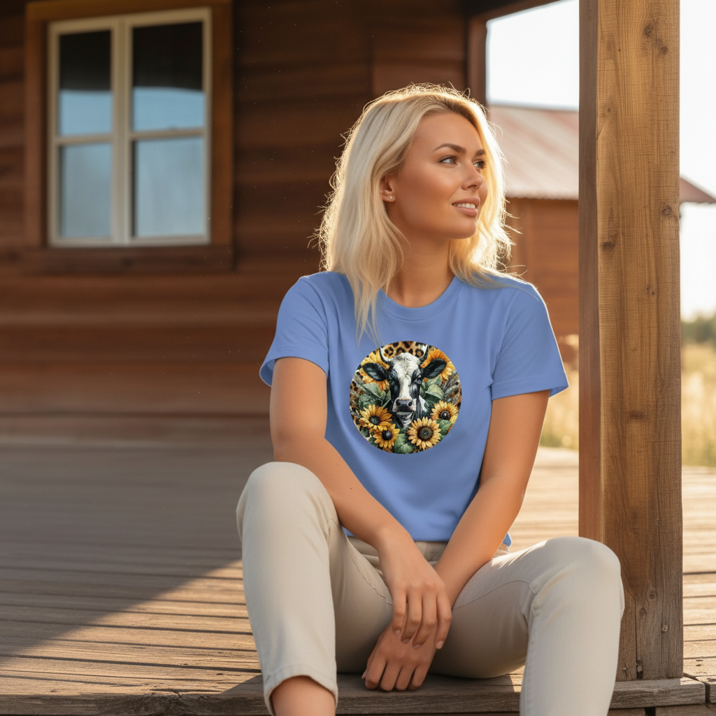 DAdult airy Cow Sunflower Circle Graphic Tee