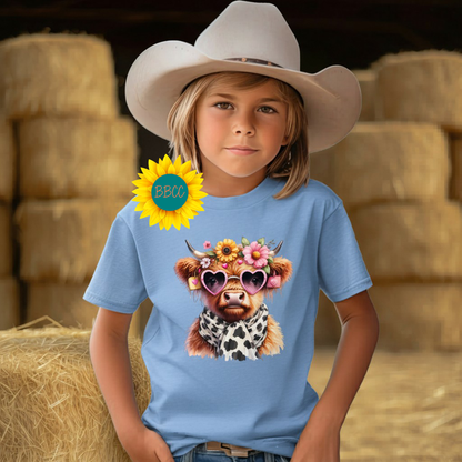 Highland Cow Floral Sunglasses Youth Graphic Tee