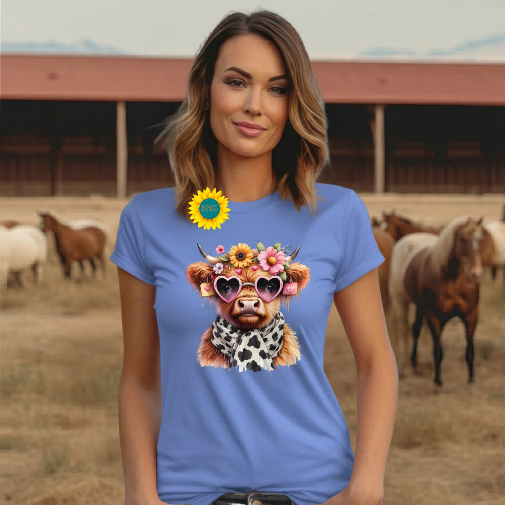 Adult Highland Cow Floral Sunglasses Graphic Tee