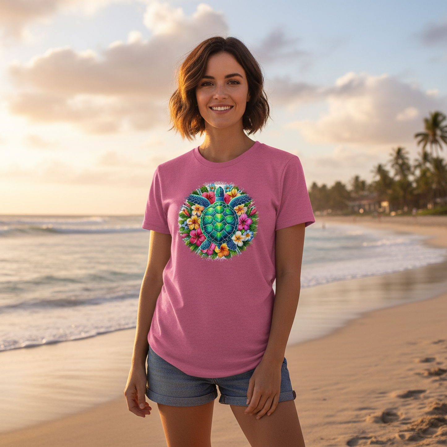 Adult Sea Turtle Floral Beach Graphic Tee