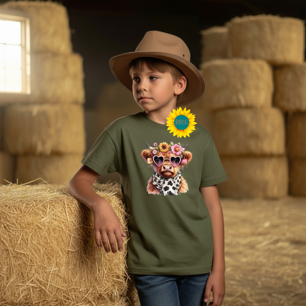Highland Cow Floral Sunglasses Youth Graphic Tee