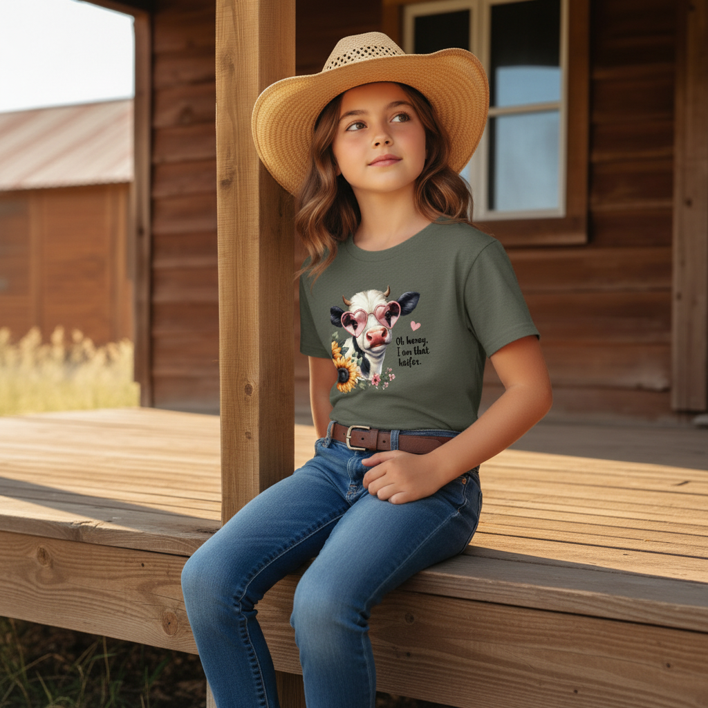 Oh Honey I Am That Heifer Youth Graphic Tee – Cute Cow Sunglasses Shirt
