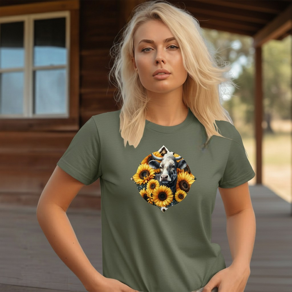 Adult Dairy Cow Sunflower Country Style Tee