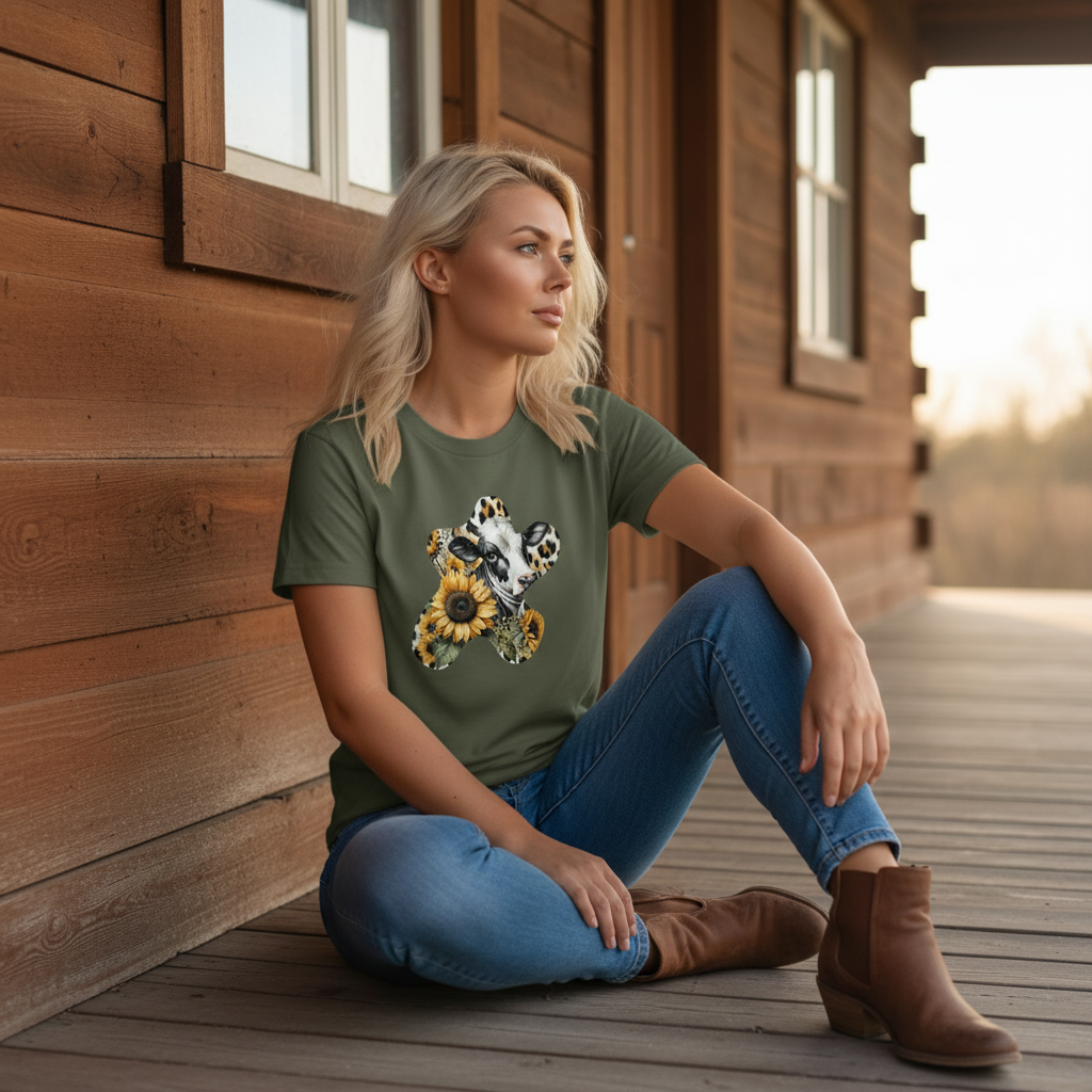 Adult Dairy Cow Sunflower Western Graphic Tee