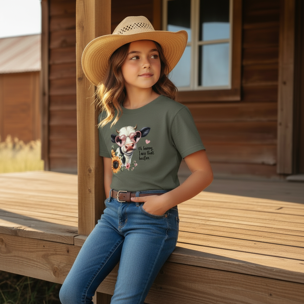 Oh Honey I Am That Heifer Youth Graphic Tee – Cute Cow Sunglasses Shirt
