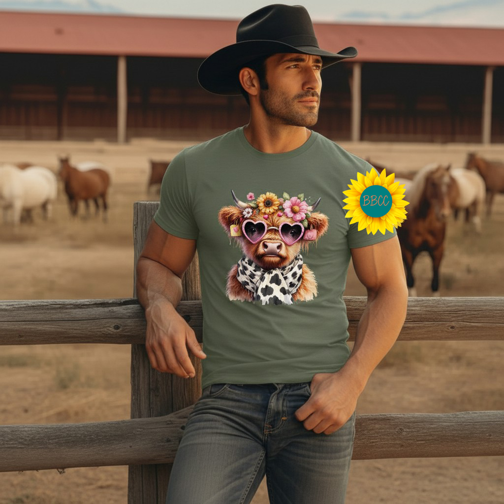 Adult Highland Cow Floral Sunglasses Graphic Tee