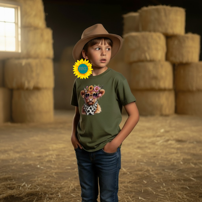 Highland Cow Floral Sunglasses Youth Graphic Tee