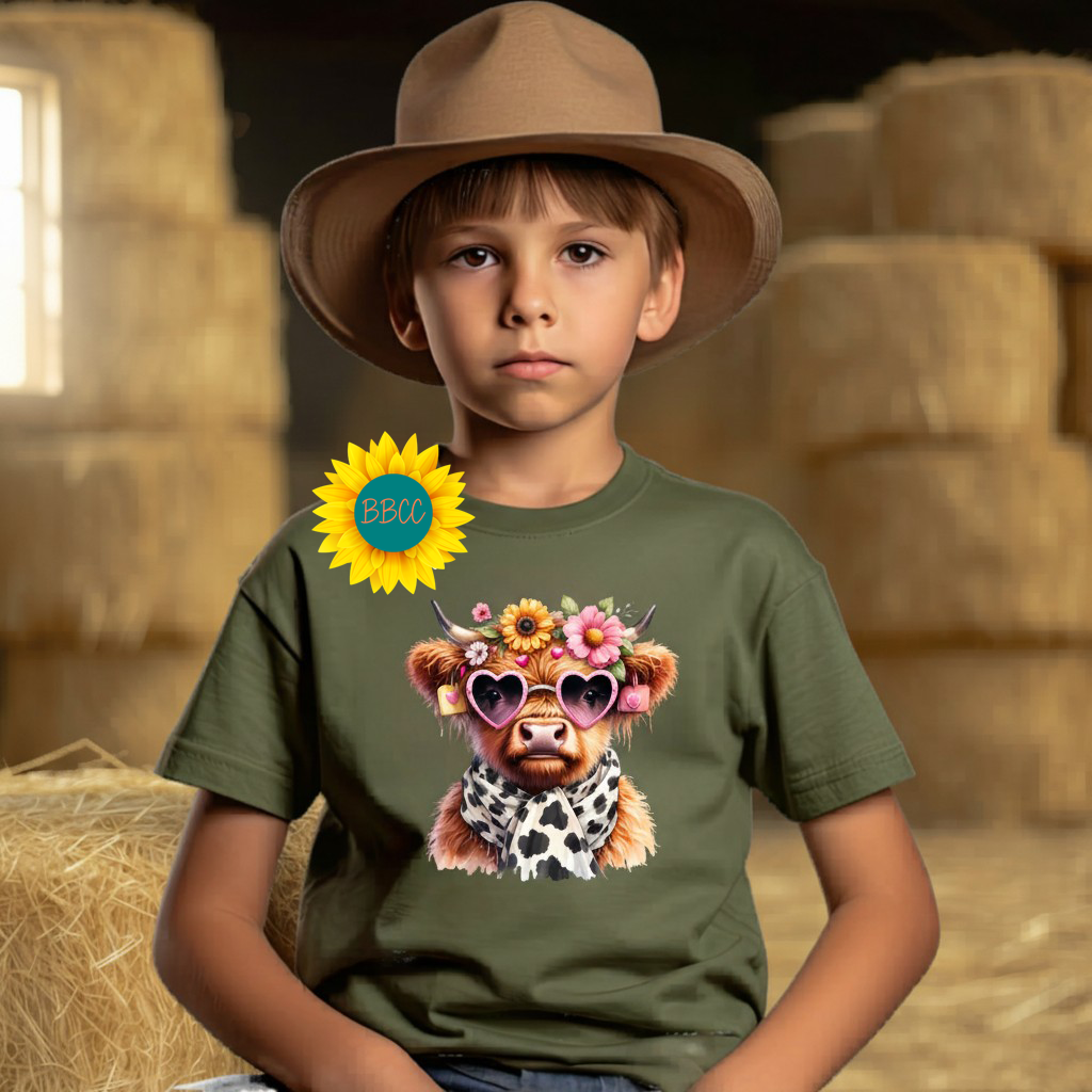 Highland Cow Floral Sunglasses Youth Graphic Tee