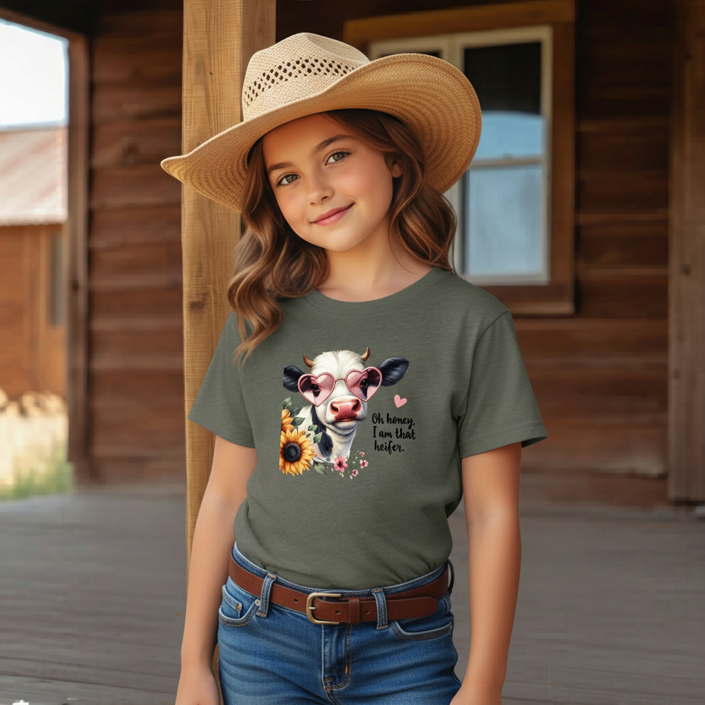 Oh Honey I Am That Heifer Youth Graphic Tee – Cute Cow Sunglasses Shirt