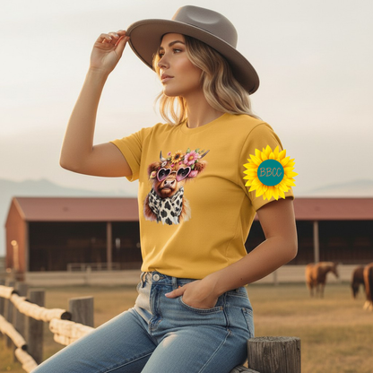 Adult Highland Cow Floral Sunglasses Graphic Tee