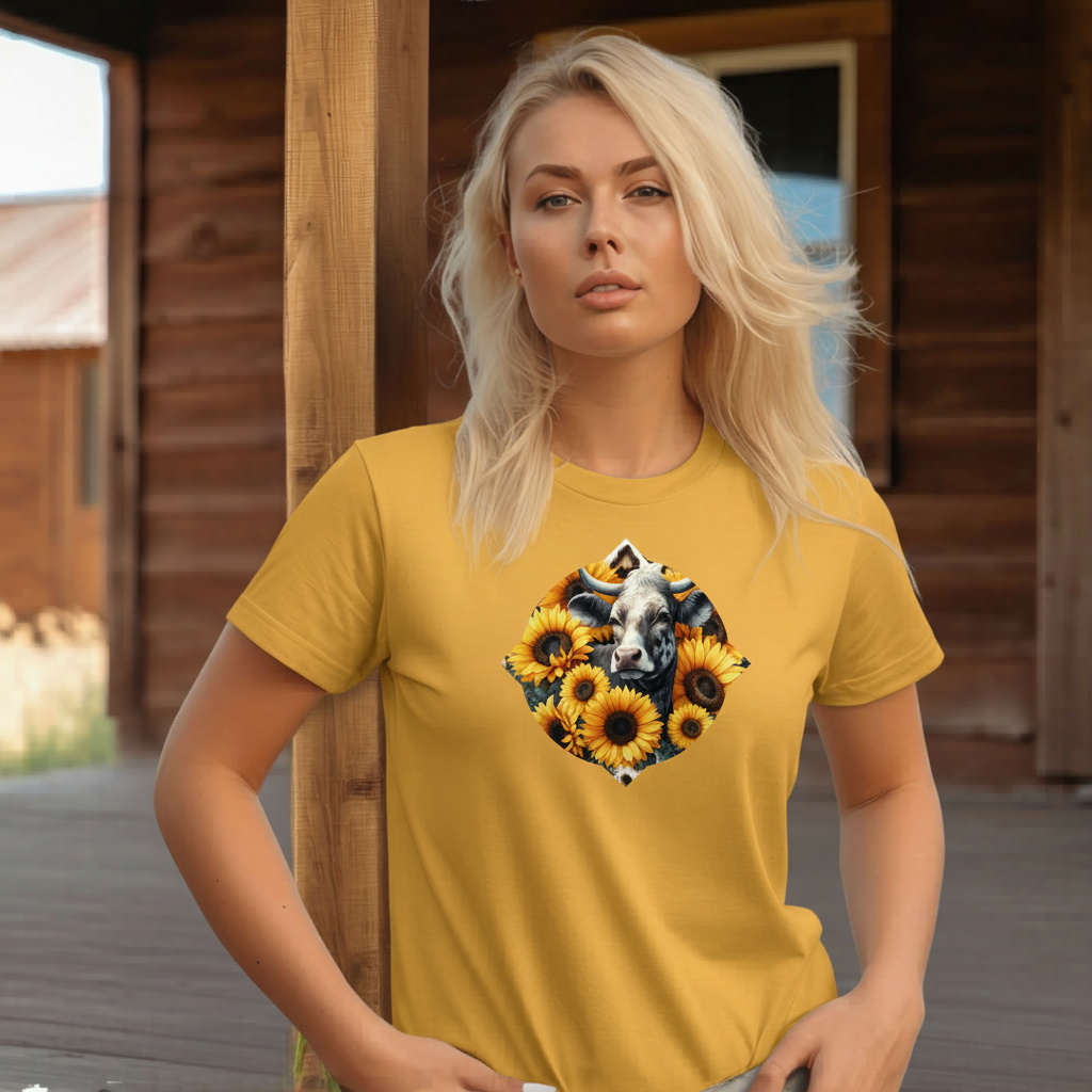 Adult Dairy Cow Sunflower Country Style Tee