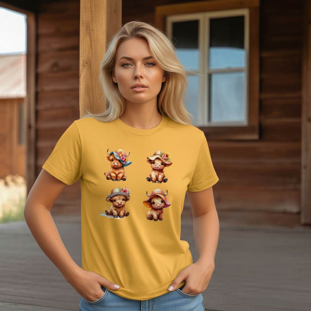 Adult Highland Cow Floral Hat Graphic Tee