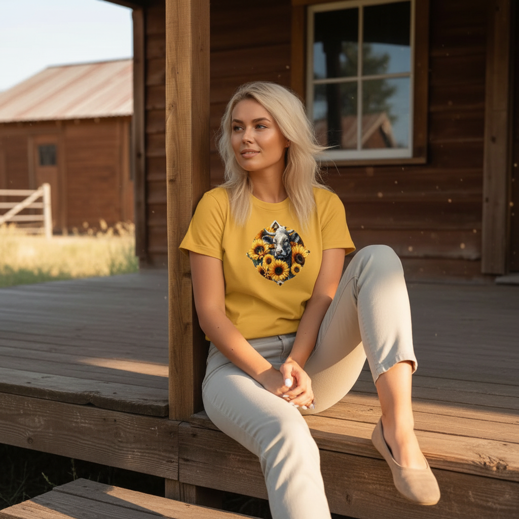 Adult Dairy Cow Sunflower Country Style Tee
