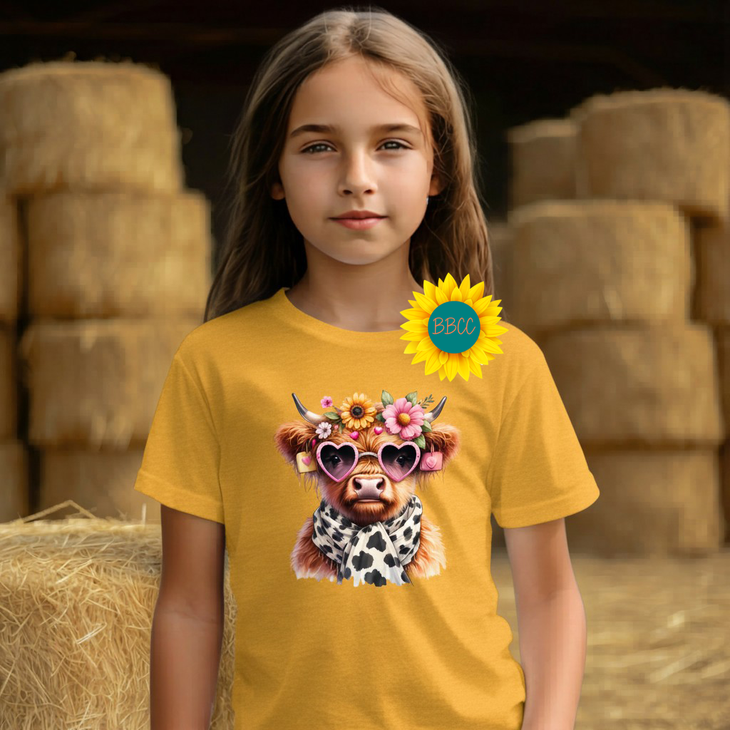 Highland Cow Floral Sunglasses Youth Graphic Tee