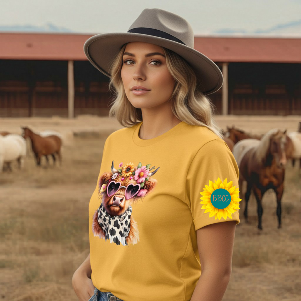 Adult Highland Cow Floral Sunglasses Graphic Tee