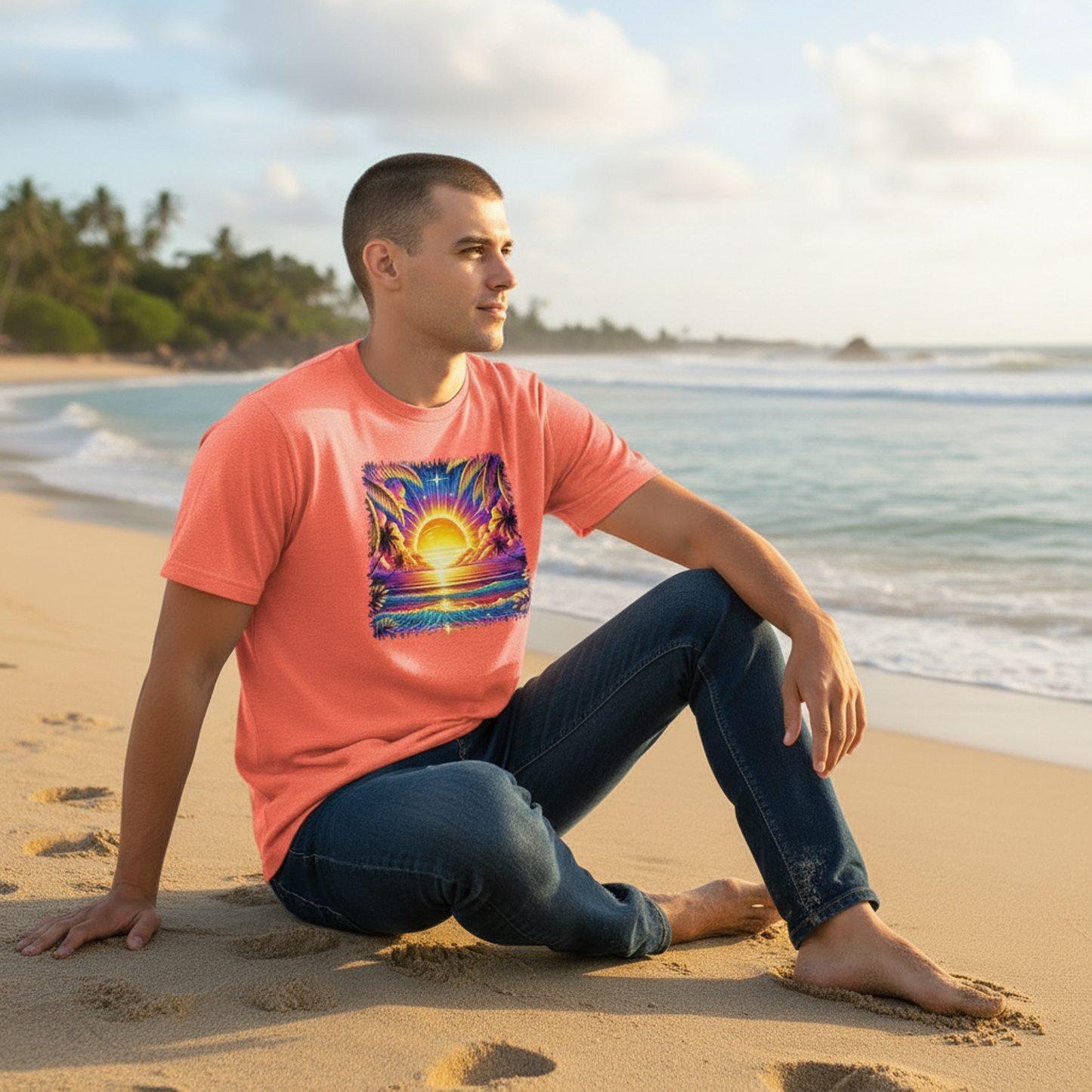 Adult Tropical Sunset Ocean Graphic Tee