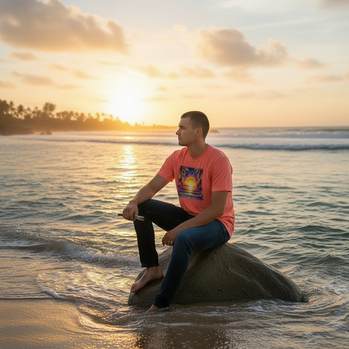 Adult Tropical Sunset Ocean Graphic Tee