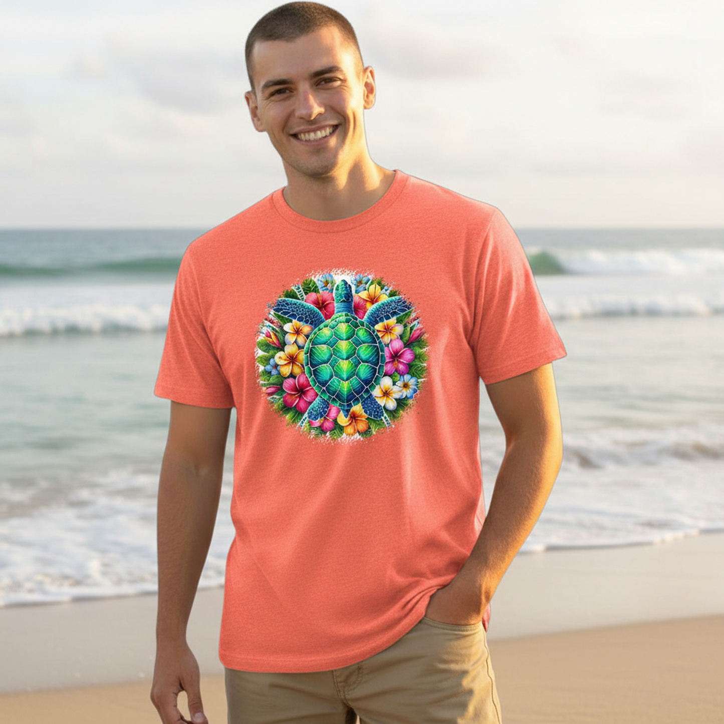 Adult Sea Turtle Floral Beach Graphic Tee