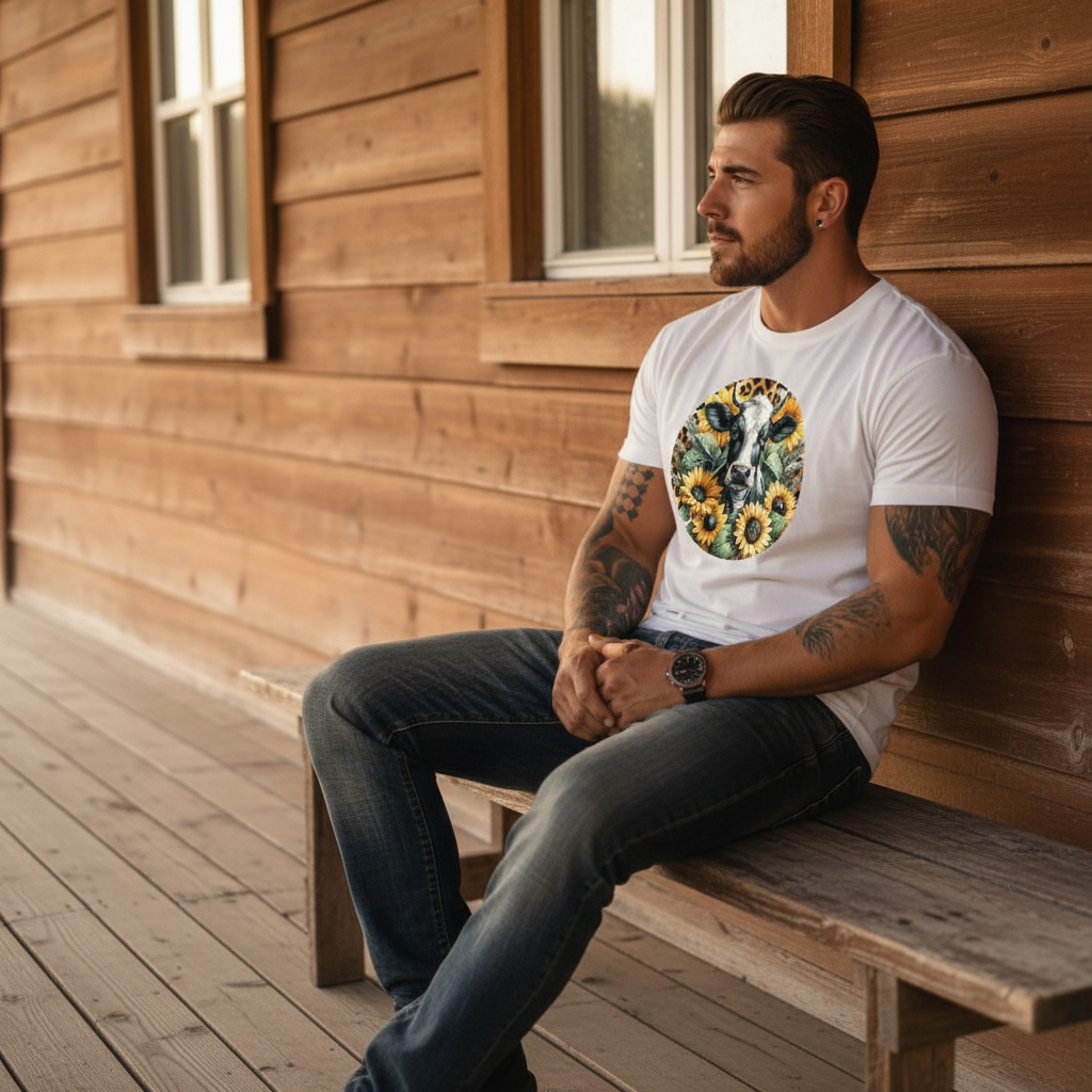 DAdult airy Cow Sunflower Circle Graphic Tee