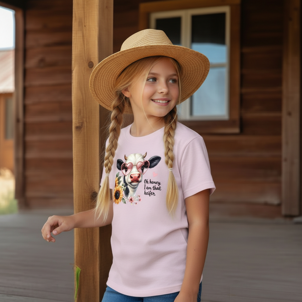 Oh Honey I Am That Heifer Youth Graphic Tee – Cute Cow Sunglasses Shirt
