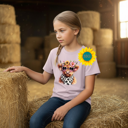 Highland Cow Floral Sunglasses Youth Graphic Tee