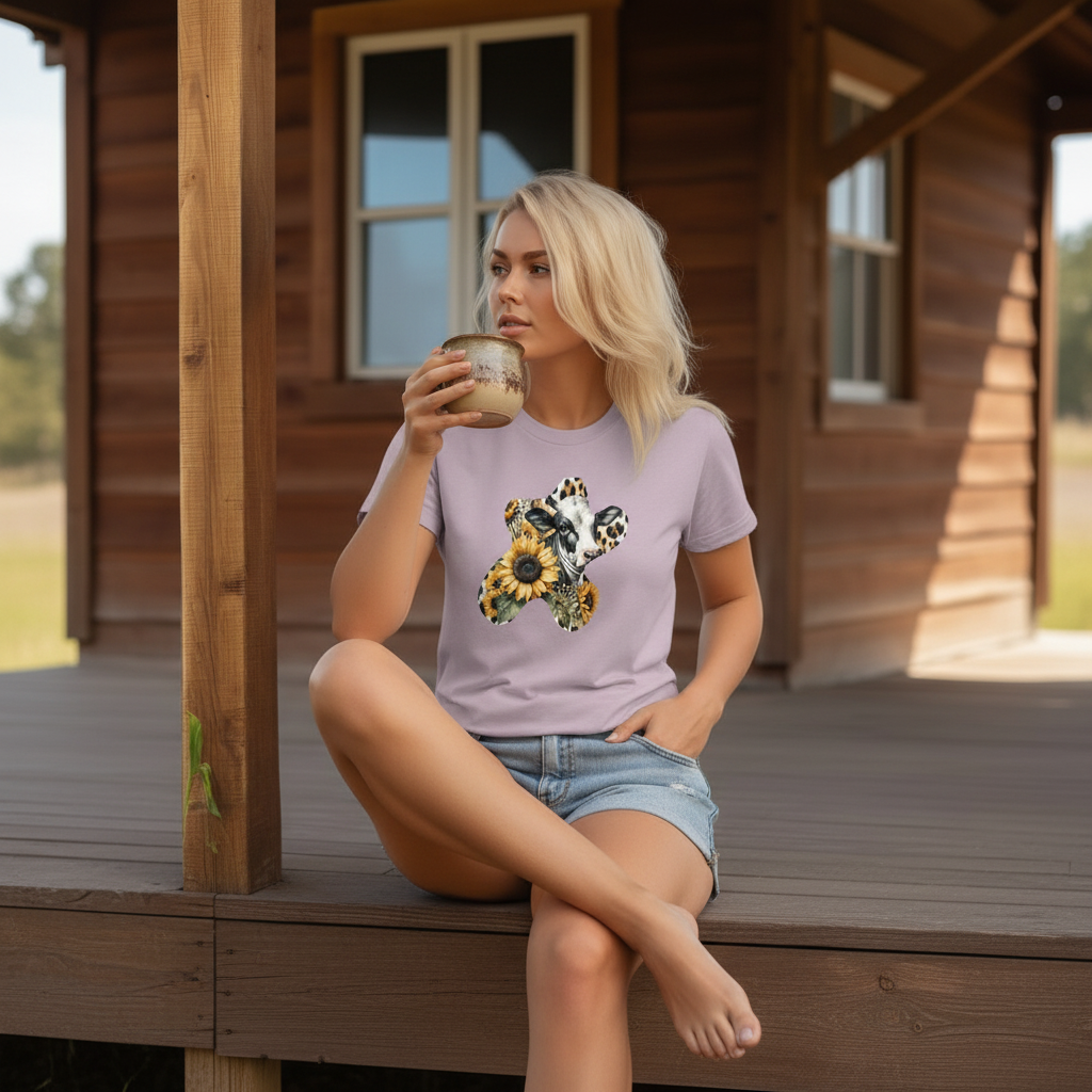 Adult Dairy Cow Sunflower Western Graphic Tee