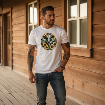 DAdult airy Cow Sunflower Circle Graphic Tee
