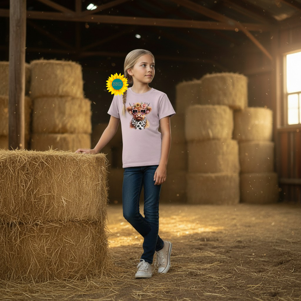 Highland Cow Floral Sunglasses Youth Graphic Tee