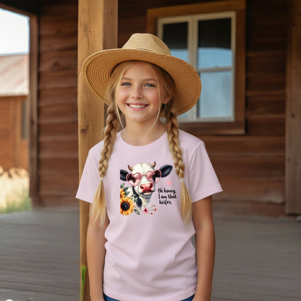 Oh Honey I Am That Heifer Youth Graphic Tee – Cute Cow Sunglasses Shirt
