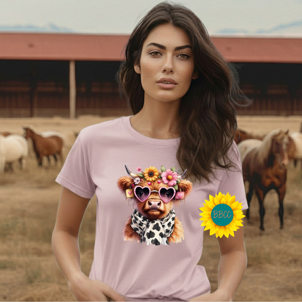Adult Highland Cow Floral Sunglasses Graphic Tee
