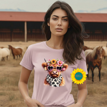 Adult Highland Cow Floral Sunglasses Graphic Tee