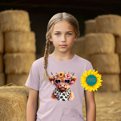 Highland Cow Floral Sunglasses Youth Graphic Tee