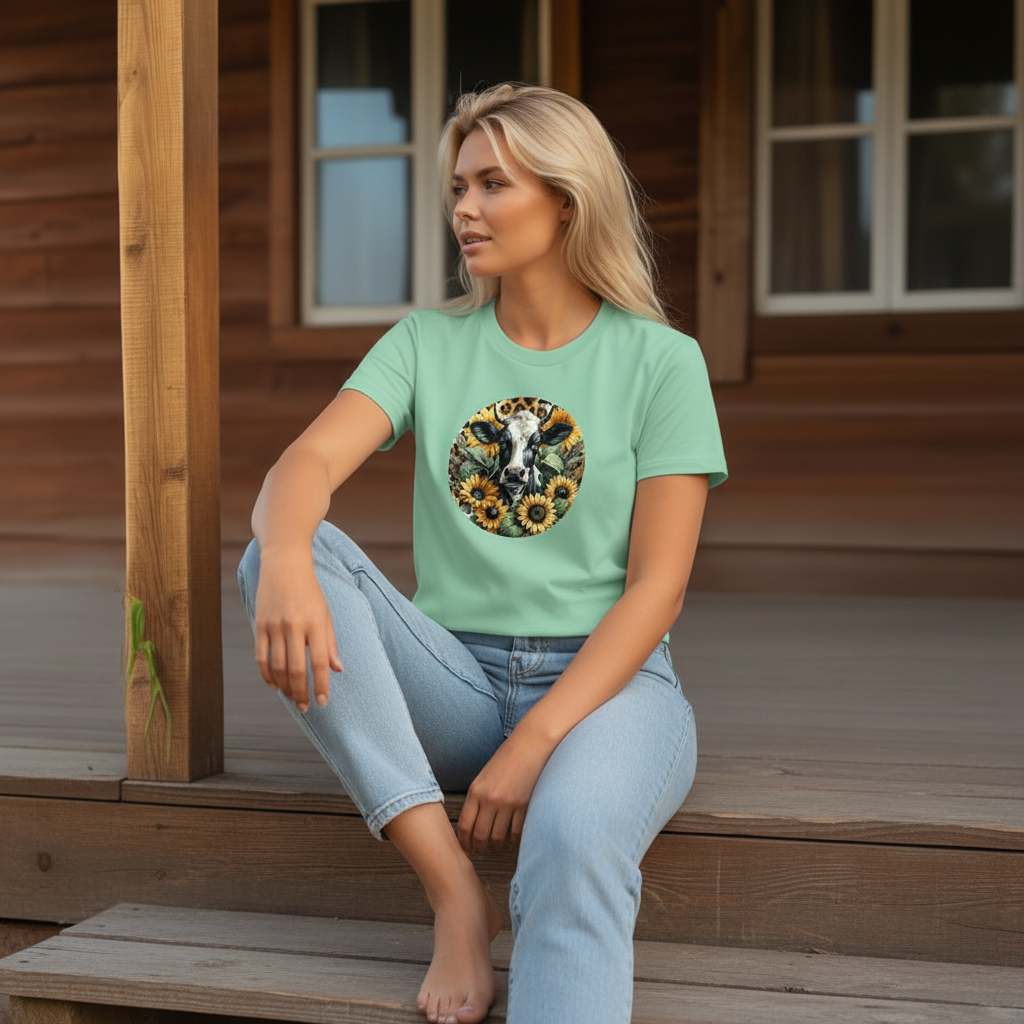 DAdult airy Cow Sunflower Circle Graphic Tee