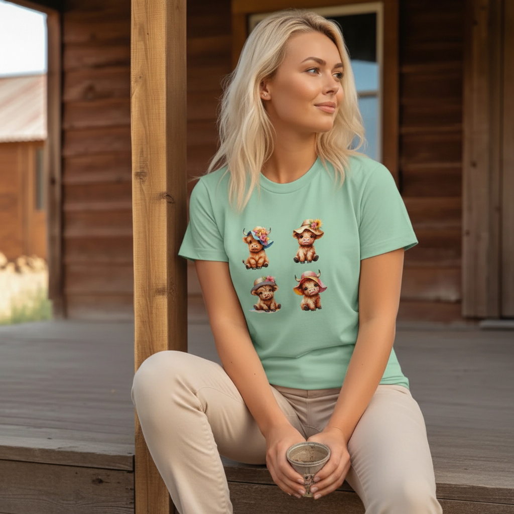 Adult Highland Cow Floral Hat Graphic Tee