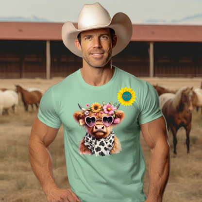Adult Highland Cow Floral Sunglasses Graphic Tee