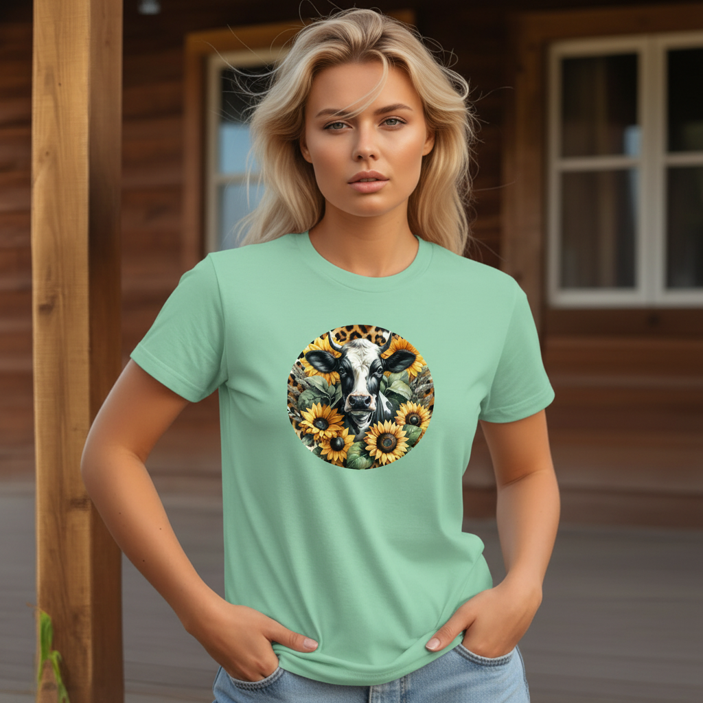DAdult airy Cow Sunflower Circle Graphic Tee