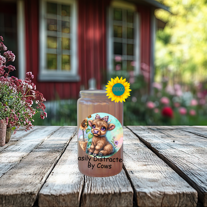 16oz Glass Tumbler – Easily Distracted by Cows