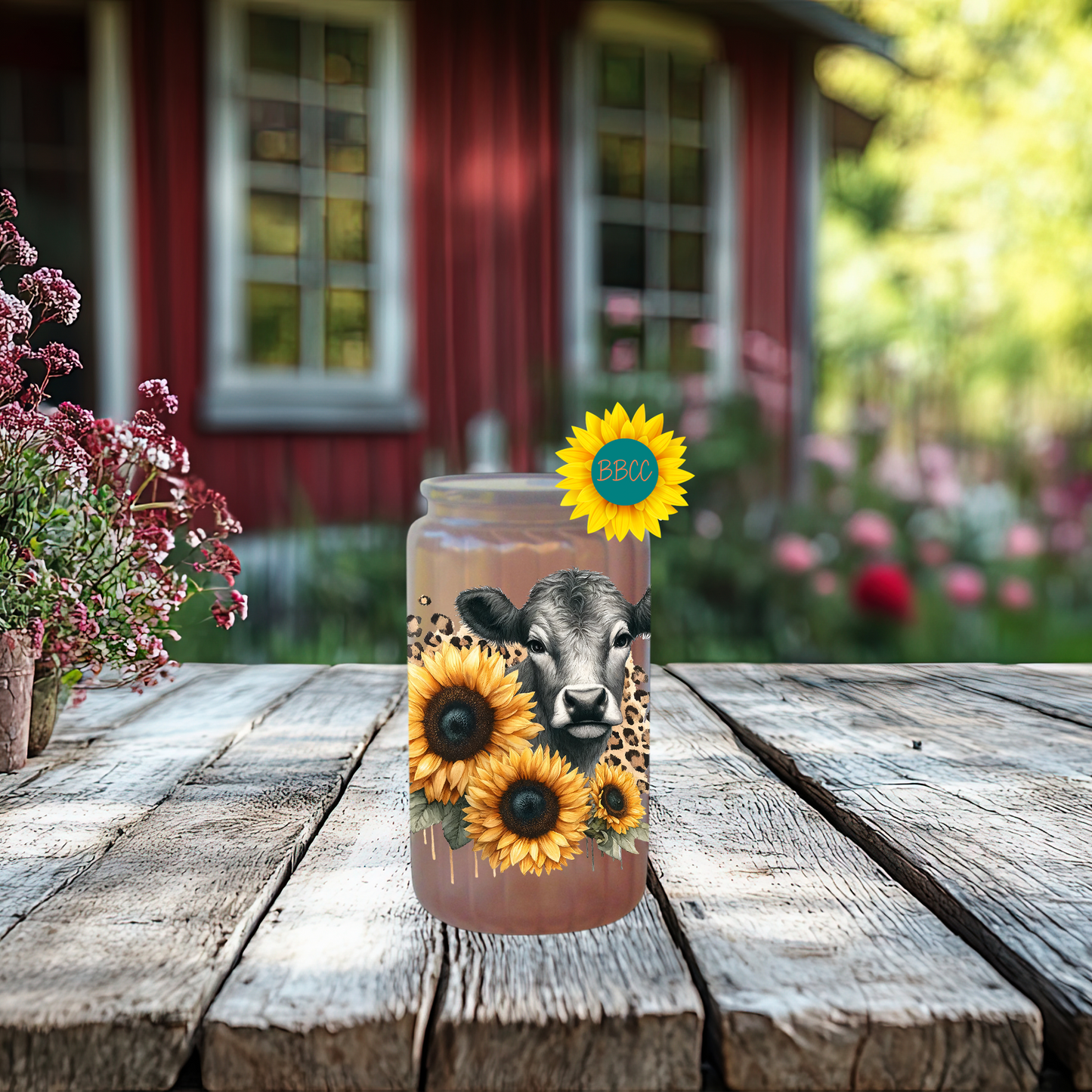 16oz Sunflower Cow Glass Tumbler