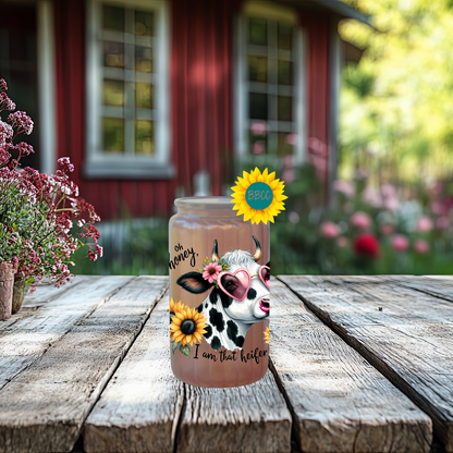 16oz Glass Tumbler – Sassy Cow Oh Honey That Heifer Design