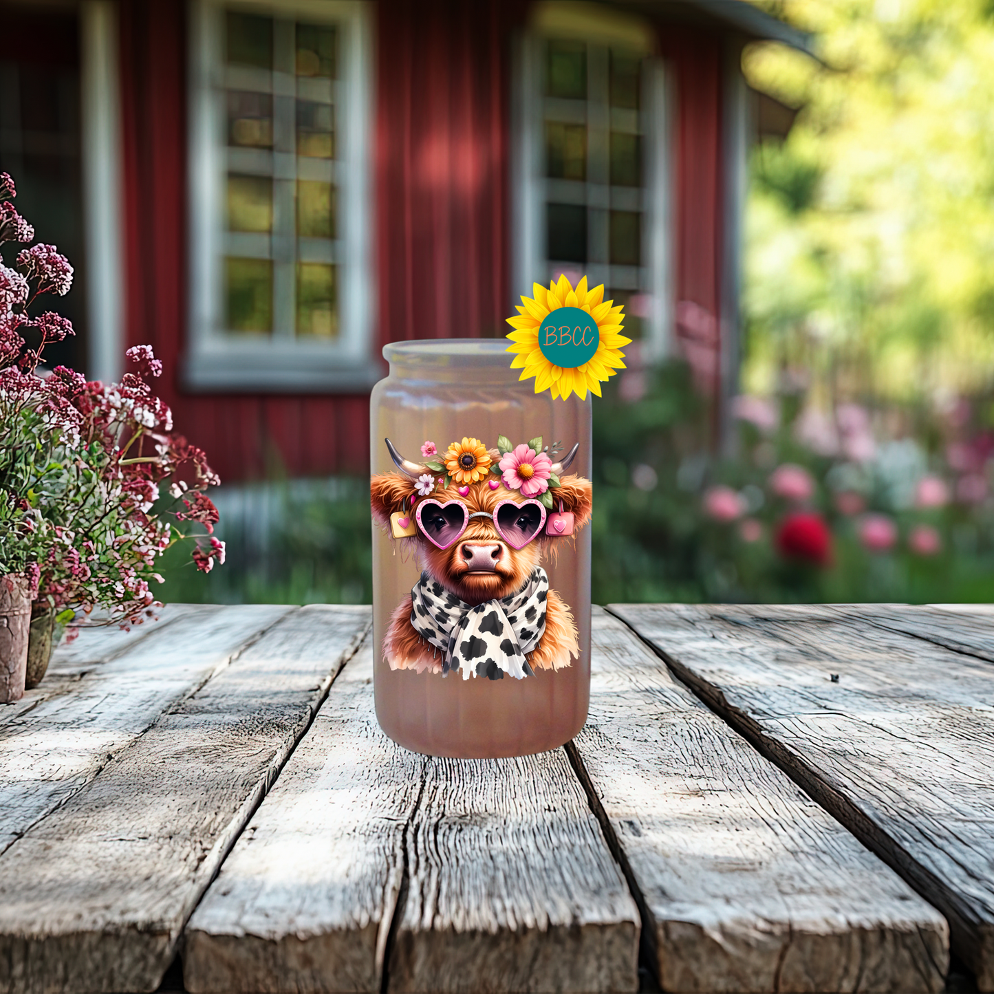 16oz Glass Tumbler – Floral Highland Cow