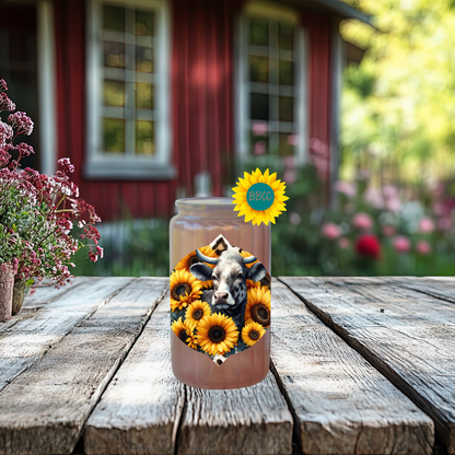 16oz Sunflower Cow Floral Glass Tumbler