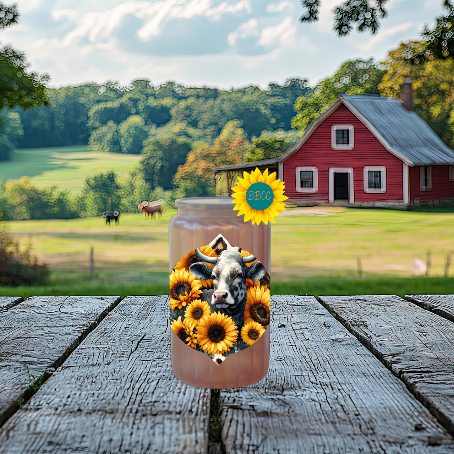 16oz Sunflower Cow Floral Glass Tumbler