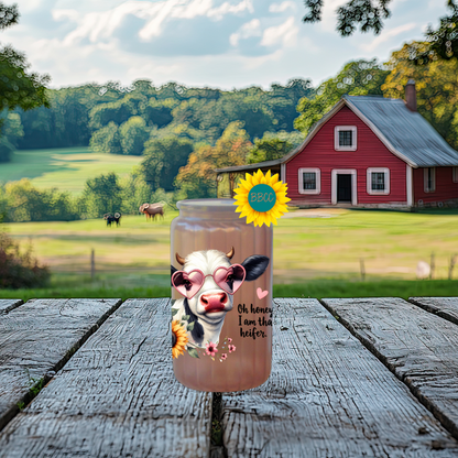 16oz Glass Tumbler – That Heifer Cow with Heart Glasses